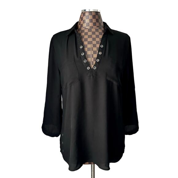 Calvin Klein Grommet Blouse Large Black Bi-Level Hem Tunic Shirt Top Boho Flowy - Picture 2 of 10
